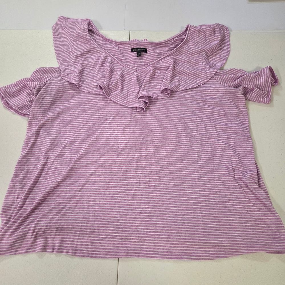 Lane Bryant Purple White Striped Ruffle Cold Shoulder Top Plus Size 22/24
